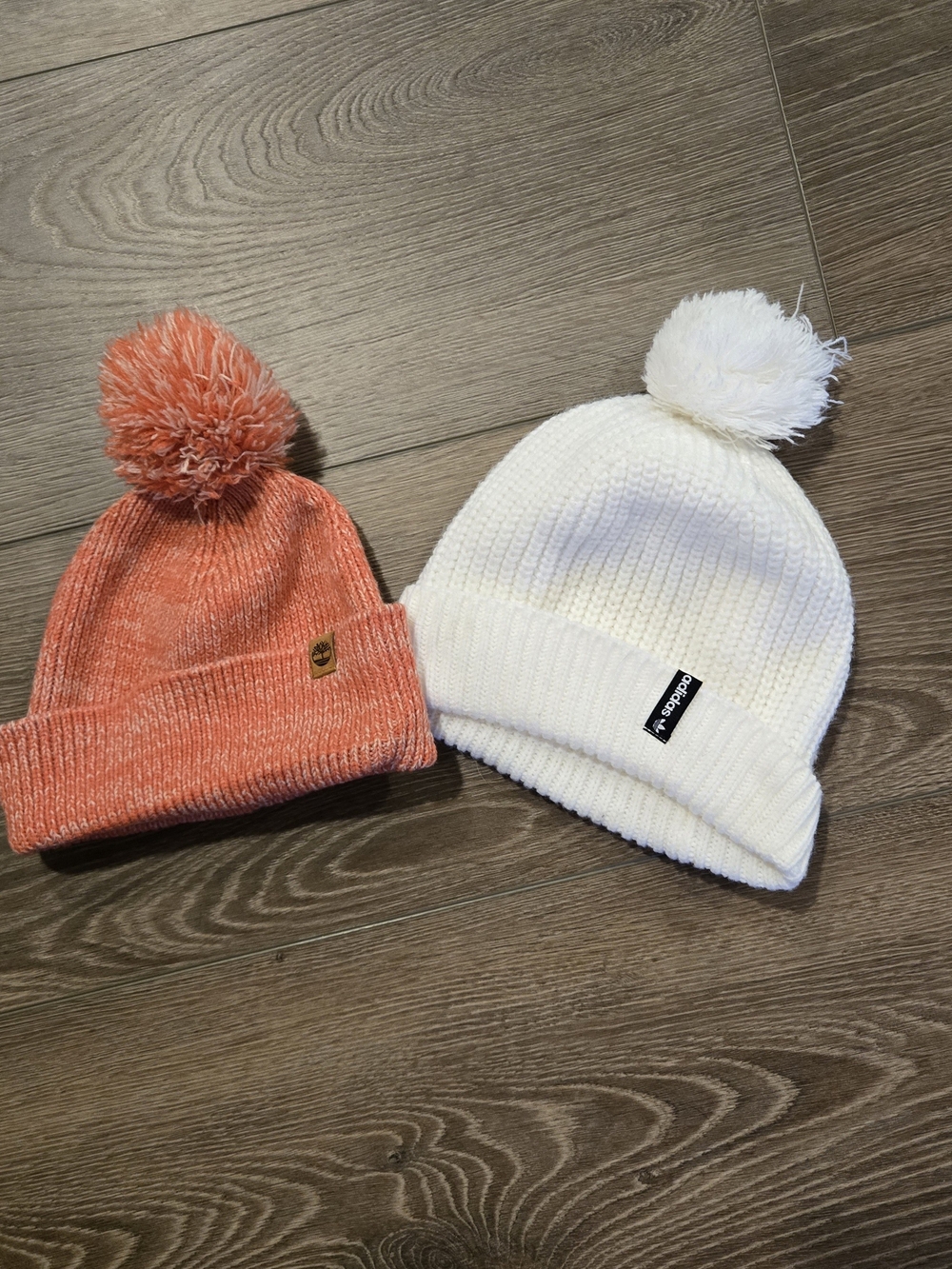 Adidas / Timberland White/coral Pom Pom Knit Beanie - Kids Accessories